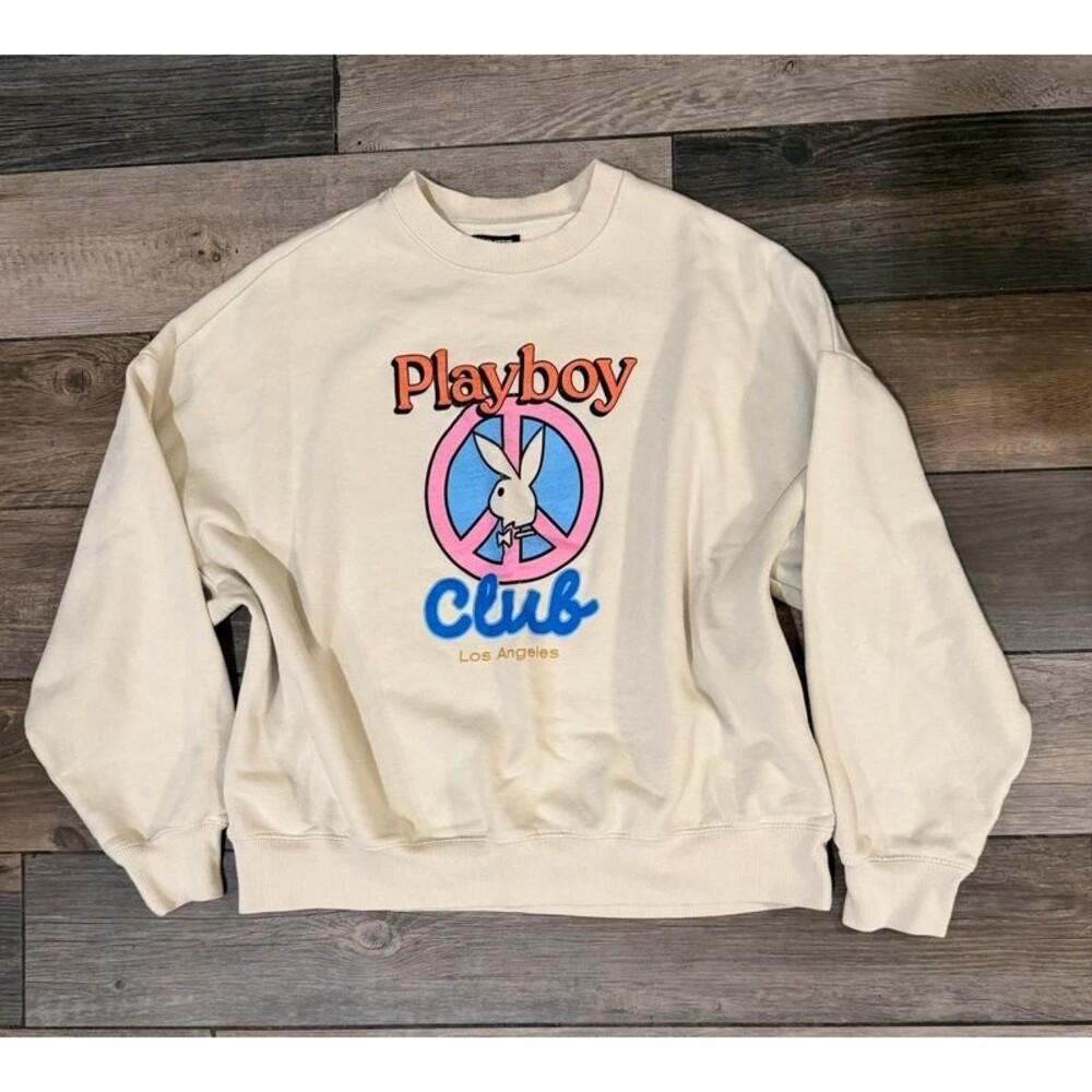 Playboy by Pacsun Cream Peace Sign Crewneck Sweater Size S